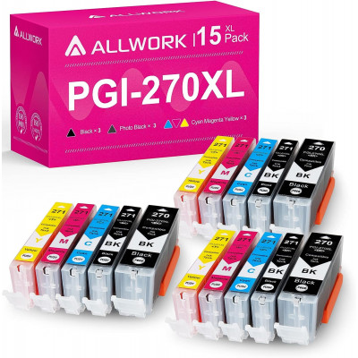 Allwork Compatible PGI-270XL CLI-271XL Ink Cartridge Replacement for Canon PGI 270 XL CLI 271 XL (3 Large Black,3 Small Black,3 Cyan,3 Magenta,3 Yellow) 15 Pack