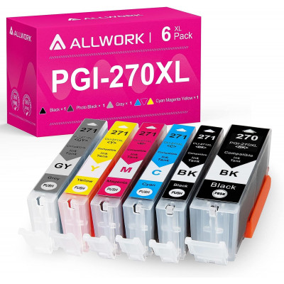 Allwork Compatible PGI-270XL CLI-271XL Ink Cartridge Replacement for Canon 270XL 271XL  (1 PGBK, 1 Black, 1 Gray, 1 Cyan, 1 Magenta, 1 Yellow) 6 Pack