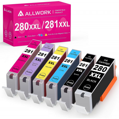 Allwork Compatible PGI 280XXL CLI 281XXL Ink Cartridges Replacement for Canon 280 281 XXL (PGBK, Black, Photo Blue, Cyan, Magenta, Yellow) 6 Pack