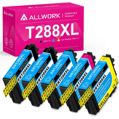 ALLWORK 5 Packs Remanufactured T288XL Ink Cartridges Replacement for Epson 288XL T288XL 288 T288 High Yield Ink 5 Pack