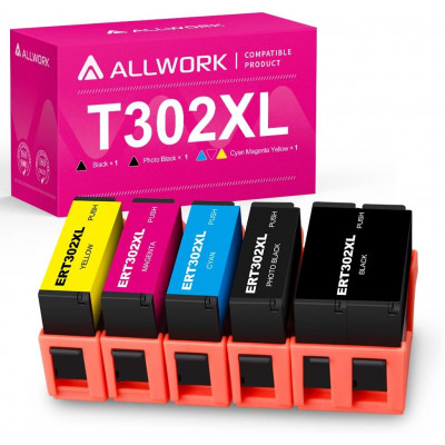 Allwork Remanufactured Ink Cartridge Replacement for Epson 302 302xl T302XL T302 Ink  5-Pack